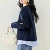 Sudadera Falsa de Dos Piezas para Mujer Otoño Temprano 2025 Nuevo Europeo Talla Grande Holgada Rayas Patchwork Top