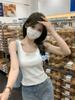 Pura~Descuento~Camisola de Encaje Americano Camiseta de Tirantes Acanalada Ajustada de Cintura Alta Corta Top Hot Girl para Mujer Blanco