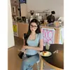 Camiseta feminina de manga curta, verão sexy com decote U, corte justo, valoriza mulheres altas/baixas
