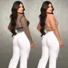 C6355 Aliexpress Amazon Moda Europea y Americana para Mujer Top de Malla Color Sólido con Pedrería y Perlas Conjunto de una Sola Pieza