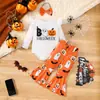 Disfraz de Halloween para Bebé Romper con Estampado de Letras y Mangas Abullonadas Pantalones de Campana de Calabaza, Fantasma, Murciélago y Diadema Juego de Tres Piezas