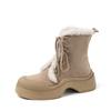 Botas de Nieve Gruesas y Cálidas de Moda 2025 Invierno Suela Gruesa Tacón Alto Redondas de Gamuza con Cordones Botines Cortos de Piel para Mujer