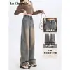 Cor de Barro Amarelo Jeans Reto Vintage Antigo Feminino Primavera e Outono Tamanho Grande Cintura Alta Solto Emagrecimento Estilo Americano Calças de Perna Larga