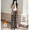 Pantalones Cuadros de Lana Vintage para Mujer, Forro Polar, Gruesos de Cintura Alta, Caída Recta Casual, Sueltos Adelgazantes de Pierna Ancha hasta el Suelo