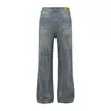 K2301 Estilo Retro Americano High Street Unisex Moderno Patrón de Rayos Diseño Desgastado Jeans Acampanados para Hombre