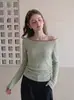 Top de punto Bardot para mujer, estilo coreano de principios de primavera, camiseta básica simple Bardot, top especialmente bonito que ciñe la cintura.