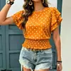 Nuevo estilo de comercio exterior europeo y americano Temu Amazon top corto para mujer de lunares con manga acampanada y cintura fruncida suministro transfronterizo