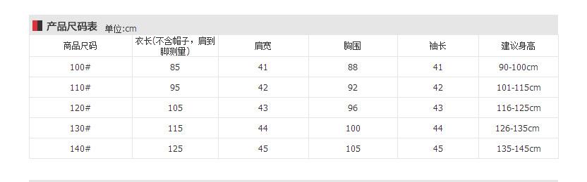 儿童尺码表