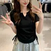 Diseño Sentido Cuello en V Cordón Manga Corta Camiseta de Mujer Ajustada Estilo Deseo Puro Nuevo Elegante Ajustado Moda Top de Verano para Mujer