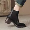 Botas Martin de Tacón Alto Retro Personalizadas para Mujer, Botas Estrechas de Tacón Grueso Estilo Británico, Botines Chelsea Elegantes de Cuero Genuino Marrón