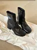 Versão em Couro ~ Botas Curtas Quadradas com Zíper Lateral Estilo Coreano, Botas Versáteis Pretas de Salto Grosso Slim-Fit, Botas de Salto Alto para o Dia a Dia