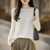 Novedad Primavera/Verano 2026 Tejido de Punto Premium para Mujer de Seda y Lana Cuello Redondo Manga Larga Borde Enrollado Color Sólido Camiseta Básica