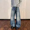 Jeans longo unissex moderno de corte curvo com respingos de tinta vintage lavado estilo americano transfronteiriço perna larga solta