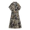 Ropa europea y americana de Aliexpress, nueva prenda de lino con estampado, temperamento moderno, corte entallado, camisa con cinturón, vestido de manga corta.