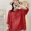 Blusa Feminina Retro de Algodão e Linho com Amarração Gola Redonda Nova de Verão com Botões Laterais Caimento Solto Temperamento Literário Manga de Cinco Pontas