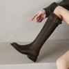Botas altas de piel de vaca con tacón medio grueso y punta redonda, para otoño/invierno 2024, de piel de vaca, largas y rectas, color marrón, para mujer