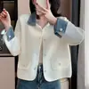 Cardigã de tricô patchwork em jeans tweed estilo francês, um novo item de moda outono/inverno com gola estilosa, oferecendo um look chique e versátil para mulheres