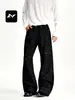 Pantalones casuales de pierna ancha, diseño dividido deconstruido, corte holgado y limpio, en rico estilo callejero americano, mezclilla negra para hombres y mujeres