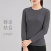Camiseta de manga larga para mujer con cuello redondo y hombros normales, adecuada para primavera, otoño e invierno, corte ajustado, estilo corto, adelgazante, camiseta base de color liso