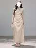 [Em Estoque] Novo Vestido Elegante de Cetim Estilo Francês para o Verão 2026 com Gola Drapeada, Vestido sereia de caimento justo
