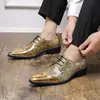 Zapatos de Vestir Brogue de Cuero Dorado Brillante Transfronterizos Moda Europea y Americana Talla Grande Zapatos Derby con Cordones Puntiagudos Zapatos Pequeños de Cuero para Hombres