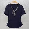 Camiseta de Manga Curta com Lenço para Mulheres, Novo Estilo Verão 2026, Blusa Azul Royal, Estilo Europeu, Tamanho Grande, Top Feminino Emagrecedor