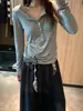 Camisa Básica Henley para Mulheres em Tencel Lyocell e Lã de Ovelha, Manga Longa para Outono e Inverno com Botões de Madrepérola e Listras de Acetato