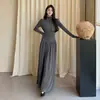 Vestido cinza de gola polo com botões, manga longa, plissado, feminino, outono inverno, temperamento simples, acinturado, saia longa evasê, transfronteiriço