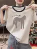 Camiseta de Manga Corta para Mujer con Bloques de Color, Algodón Puro, Moderna y Versátil, Rejuvenecedora y Adelgazante, Top Gris Floral Ligero para la Moda de Verano