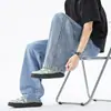 Calça jeans masculina retro americana para primavera e outono, calça reta casual solta de alta rua, calça moderna com cordão de tamanho grande