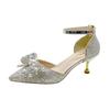 Sandalias de tacón alto con hebilla para mujer, de verano, con punta fina, tacón medio y diamantes de imitación.