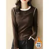 Camiseta Feminina Derong Color Block Quente Gola Redonda Manga Longa Outono Inverno 2026 Nova Moda Versátil Casual Camisa Base Top