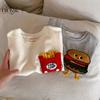Camiseta de manga corta para niños color lima verano 2025 para niños y niñas japonesa tridimensional papas fritas hamburguesa T bebé niños estilo extranjero manga media camiseta