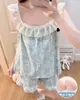 Pijama con Almohadillas para el Pecho para Mujer, Verano Delgado Algodón Nube Encaje Tirantes Shorts, Dulce Dibujos Animados Chica Ropa de Casa