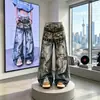 Calça jeans masculina estilo americano de corrente 3D impressa digitalmente, com efeito desgastado, perna larga, comprimento até o chão, hip-hop
