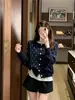[Tejido similar al algodón] Cárdigan de punto retro azul con lunares, cuello redondo, manga larga, para mujer, corte holgado, adelgazante y casual para otoño