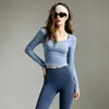 Conjunto de Fitness e Yoga para Primavera e Outono para Mulheres, Top Cropped de Manga Longa com Gola Quadrada, Calça de Yoga Modeladora de Cintura Alta, Conjunto de Roupa Esportiva Emagrecedora