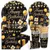 Set de Vajilla de Papel para Fiesta Temática Feliz Cumpleaños Negro Dorado Platos de Papel Vasos de Papel Servilletas de Papel Suministros de Decoración para Fiesta de Cumpleaños