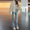 Jeans Acampanados con Forro de Polar Azul Claro para Mujer, Nuevo Estilo Primavera, Corte Delgado, Favorecedores para Personas Altas