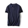 Camiseta de Algodão e Linho Fina de Verão Masculina Manga Curta Gola V com Botão Cor Sólida Camisa Base de Algodão e Linho para Jovens