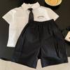 Conjunto de Camisa Estilo Faculdade para Meninos 2025 Verão Novo Infantil Cavalheiro Estilo Ocidental Manga Curta Top Feriado Conjunto de Duas Peças