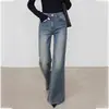 Jeans Retrô Lavado Azul Plus Size para Mulheres Outono 2025 MM Gordinha Cintura Alta Efeito Emagrecedor Perna Larga Micro Flare Comprimento Total