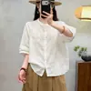 Cardigan Versátil de Manga Media de Nuevo Estilo Casual de Verano con Temperamento Artístico, Camisa Top de Manga Media Adelgazante Versátil de Algodón y Lino, Ropa para Mujer