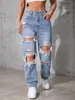 Jeans Rasgado Largo de Cintura Alta Popular Transfronteiriço para Mulheres, Estilo de Rua Europeu e Americano, Marca Tendência Calças Retas Largas Desgastadas