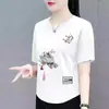 Camiseta de Manga Corta Suelta de Nuevo Estilo para Comercio Exterior Transfronterizo, Camiseta Casual Adelgazante con Estampado Estilo Chino para Mujeres de Mediana Edad y Mayores