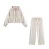 Conjunto esportivo casual feminino, novo estilo outono, solto e modelador, jaqueta bomber com capuz, calça reta de cintura alta