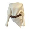 Tricô Assimétrico com Gola Diagonal Ombro a Ombro Estilo Coreano Outono Elegante Solto Slim Tricô Top com Cinto 90051