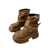 Botas Western Cowboy de Cano Curto Marrons Grossas com Solado Espesso para Mulheres 2026 Novas Botas para Calça Outono/Inverno com Forro de Lã Botas Martin