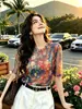 Z38Nueva camiseta de malla con estampado tie-dye degradado, elegante y juvenil, de manga media y cuello redondo para mujer, versátil y estiliza para el verano