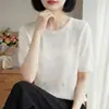 Top de punto de seda de hielo con cuello redondo y recorte de pata de gato, ropa de mujer de manga corta, nueva camiseta básica de color liso con recorte para primavera-verano, top, camiseta